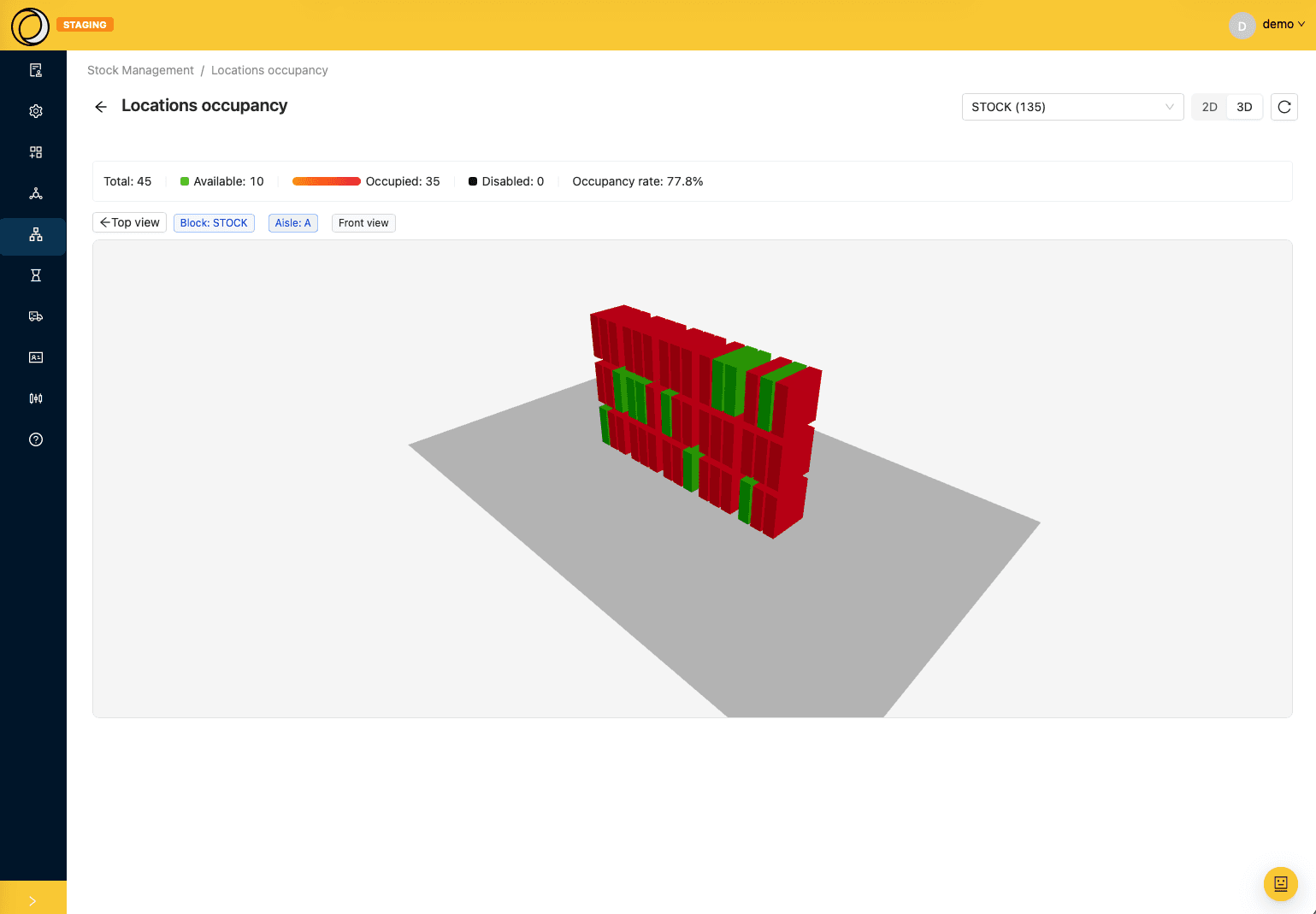 CELLA — vue 3D de l’occupation des emplacements d’une allée : emplacements libres en vert, occupés en rouge, avec le taux d’occupation.