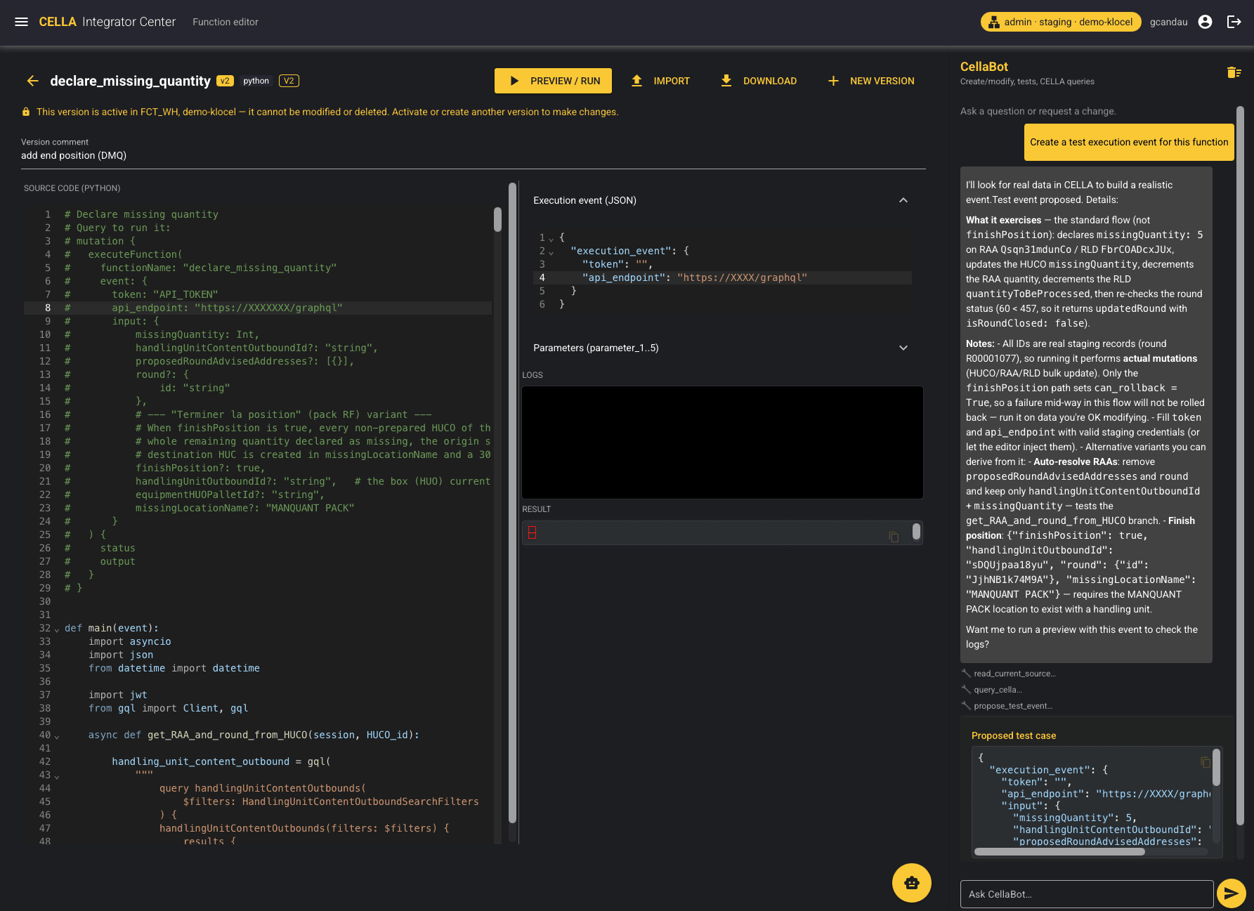 CellaBot propose un cas de test réaliste pour la fonction ouverte, construit sur de vraies données